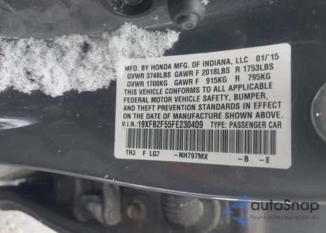 2015 Honda Civic Lx из США, поврежденный, VIN 19XFB2F55FE230409